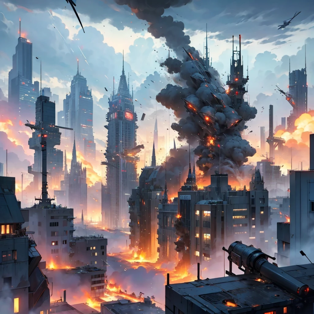 Fragments falling from the sky to a city cloudy sky impacts of alien fragments on fire combat helicopters firing tanks opening fire wing threat spectacular view great work of art high quality elven city