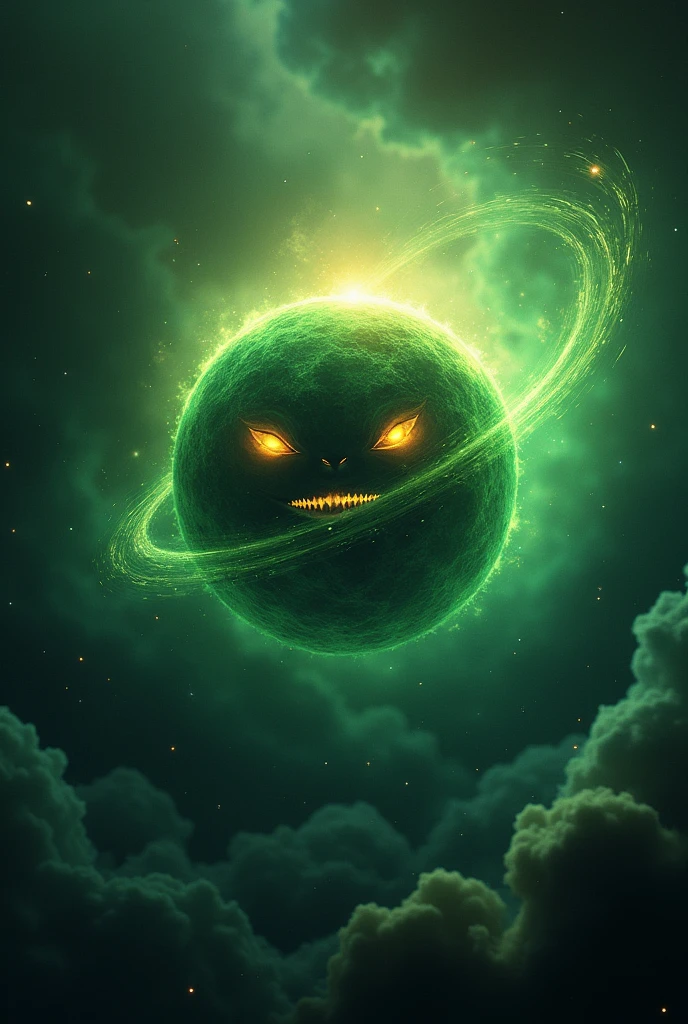 Green planet in space with a face on fire