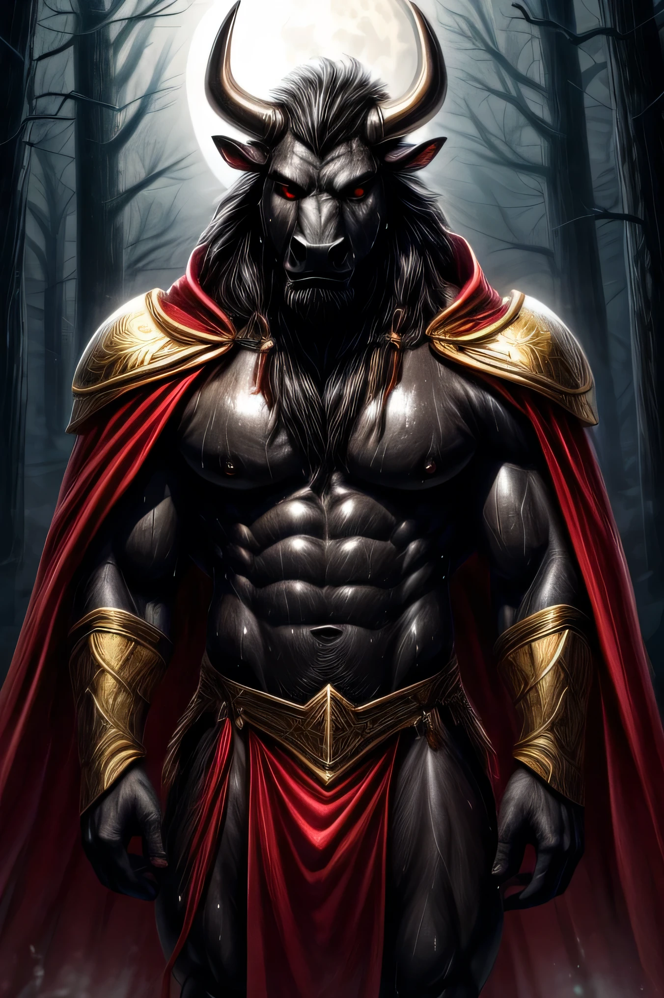 4k, 8k,An ancestral alpha male black bull, sexy, anthropomorphic, slim and well defined body, Red eyes, elegant horns,very ugly and horrible red cape,a golden armor that does not cover his pectorals and six pack,a large elegant gold piercing, long and elegant hair, worn red loincloth,(bottom:at night in a forest,bright full moon,good lighting, well detailed,alone on the floor the ancestral black bull alpha male standing facing forward,serious face,),(((bathed in sweat all over his well-defined body))),(((Do not cover your pecs and six pack)))