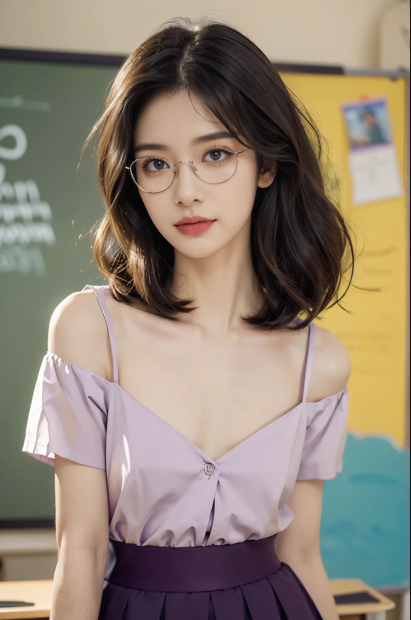 (((best quality))),(((ultra detailed))),(((masterpiece))),illustration,((1 beautiful young girl,female teacher,solo)),(shoulder-length wavy bob:1.3),(glasses:1.2),((slim,thin)),((small breasts,flat chest)),(summer:1.3),(indoor:1.2),(in classroom:1.3),(light purple collared short-sleeved blouse:1.3),(maxi dark purple skirt:1.3), elegance, confidence, professional attire, fashionable, personal style, wall posters, maps, colorful, learning, organized, desks, chairs, whiteboard, important information, diagrams, bright eyes, focused, gentle smile, warmth, kindness, positivity, enthusiasm, inspiring, students, joy, intelligence, snapshot, dedication, grace,((from front,upper body))