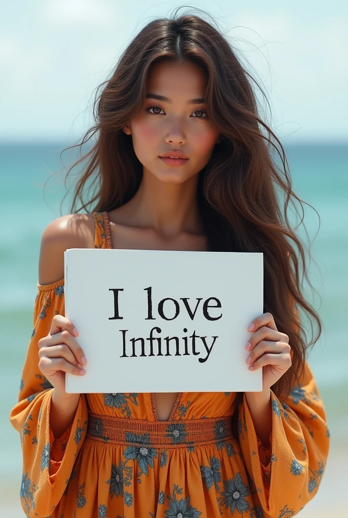 Beautiful girl with wavy long hair, bohemian dress, holding a white board with text "I Love Seaart Infinity" and showing it to the viewer