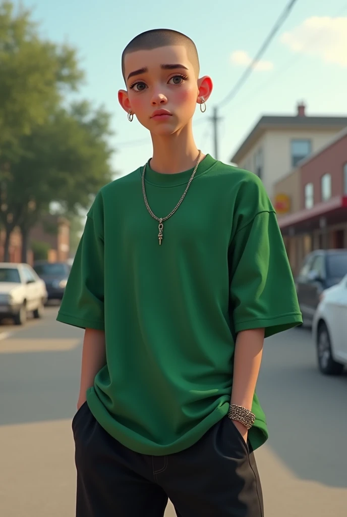 a teenage boy with buzz cut wearing oversized mid crop green shirt and black dikies pants 