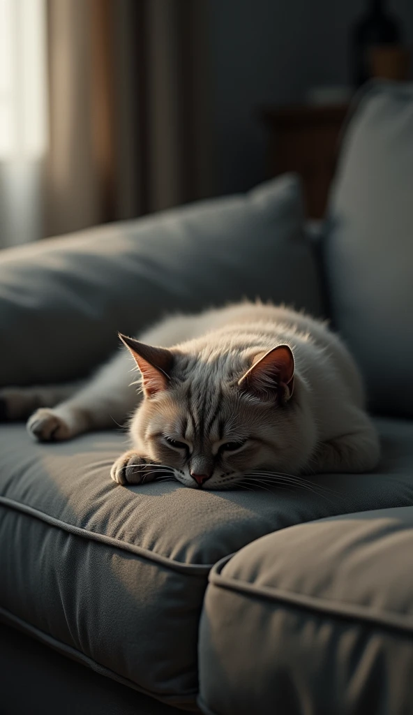 Imagine a weak cat,Listless facial expression,Lean body,Lying on the sofa