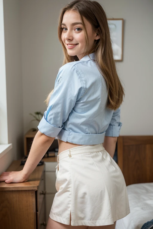 young woman, blue school uniform and white fitted blouse, long blonde hair to the middle of the back light blue eyes, Beautiful smile, with its back bedroom,