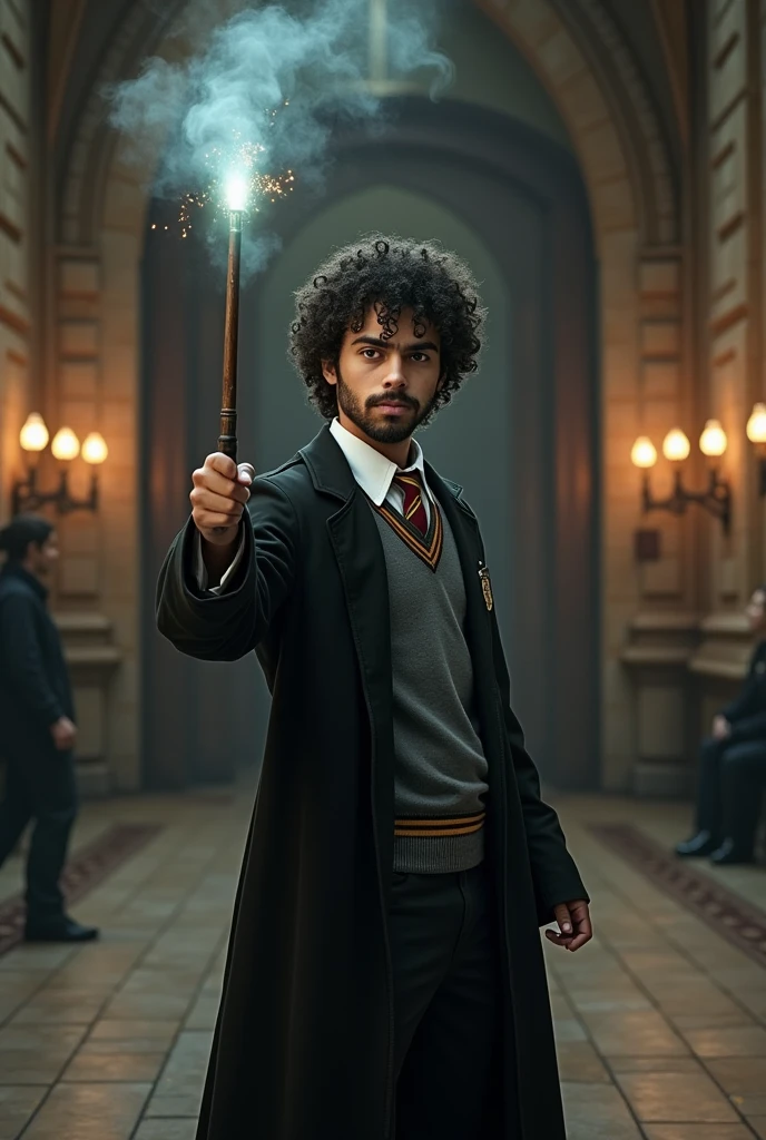 Generate an image of a young Latino, short dark curly hair and short full beard, wearing Hogwarts uniform with magic wand in hand ready to duel