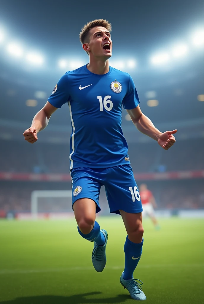 a 5'4 guy in in a blue football kit celebrating a goal he is 15 year old Jersey number 16