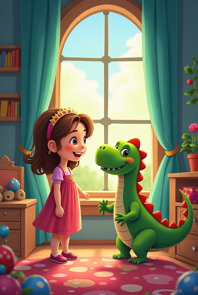 Princess Izzie has shoulder-length light brown hair, brown eyes, and a beauty mark above her lip on the left corner. She is .
.
The Adventures of Princess Izzie and the Baby Dinosaur

Chapter 1: The Fright in the Enchanted Forest

In the majestic stone castle lived the adorable Princess Izzie with her parents, the kind Daddy King and the gentle Mommy Queen. Her room was a paradise of dreams, filled with toys and vibrant colors. But Princess Izzie's most precious treasure was her inseparable friend, a mischievous and energetic baby dinosaur.

On a sunny afternoon, Princess Izzie and the baby dinosaur were playing happily, running and jumping around the room. Suddenly, in a more daring leap, the baby dinosaur tripped and fell out the open win