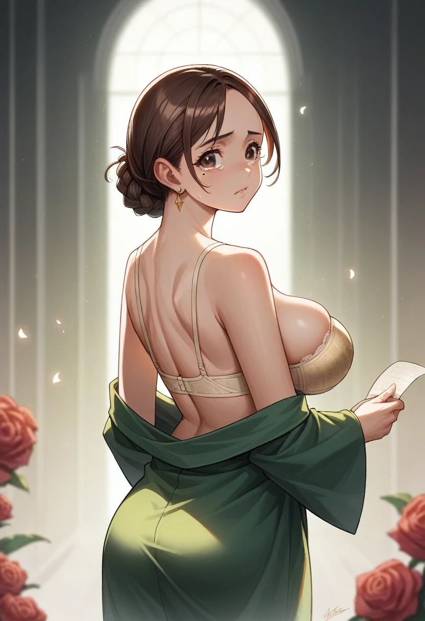 (Best Quality, masterpiece: 1.2), ultra high resolution, manga, bottom lighting, I intricately detailed, exquisite details and textures, 1 girl, Alone, (adult), body highlight, back of body, detailed face, tear mole, blanco skin, Brown hair, hair braid, looking at the viewer, large eyes, that robe, (hollow pattern, violet, that), golden earrings, (huge breasts, oreola marked), thick body, (big butt, redondo,), (thread thread, marked), (very small bra), blurred background, luxury room, Professional lighting, Photon mapping, Radiosity, physically based rendering,