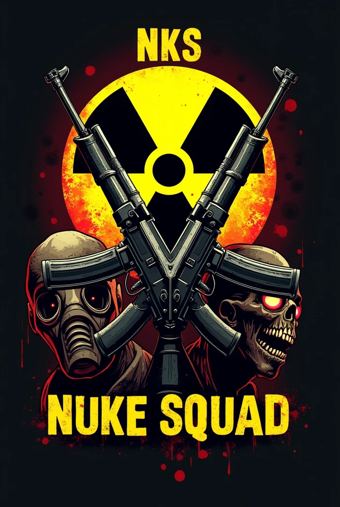 Create a logo with the nuclear radiation symbol, next to two AK47s pointed upwards. In the background a gas mask and zombies with blood. Below the logo written NUKE SQUAD, com fonte Times New Roman. Above the logo the acronym NKS.