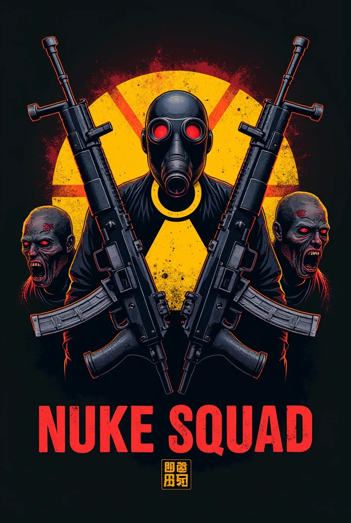 Create a logo with the nuclear radiation symbol, next to two AK47s pointed upwards. In the background a gas mask and zombies with blood. Below the logo written NUKE SQUAD, com fonte Times New Roman. Above the logo the acronym NKS.