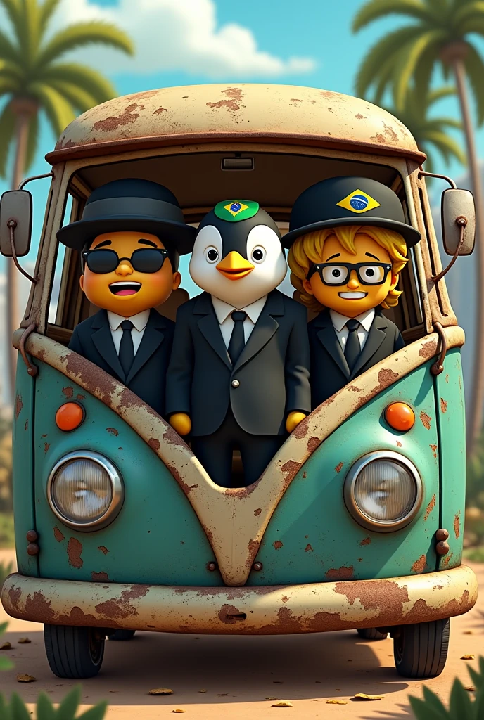 Cartoon style, three guys inside an old van, the view is from the front, one of the guys is dressed in a black suit, dark glasses and a blond quiff, the other guy wears the same suit but wears a mask of the character Pingo, the penguin, and a hat with the Brazilian flag, the third one sits in the back seat of the van, he has yellow skin color, wears a black cap and holey plastic glasses