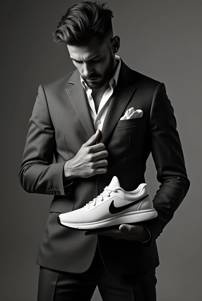A masculine man advertising a sports shoe
