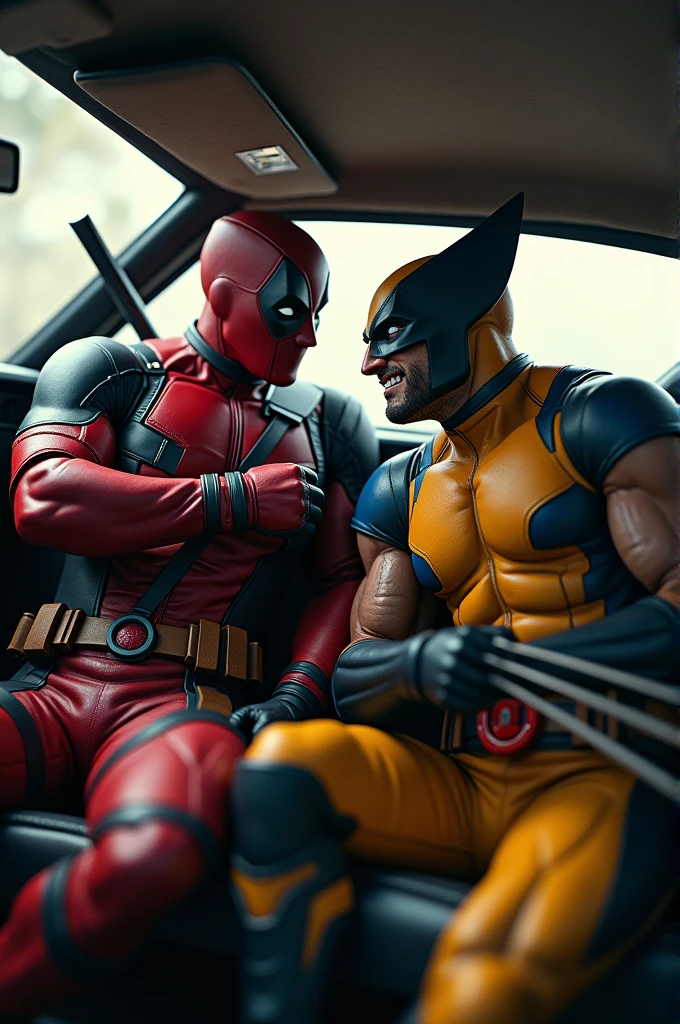 Deadpool and wolverine in a car with number plate written Blowout