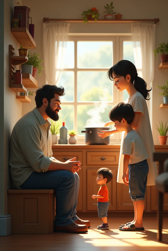 A father is sitting on a little bench and mother is cooking two boys are watching
