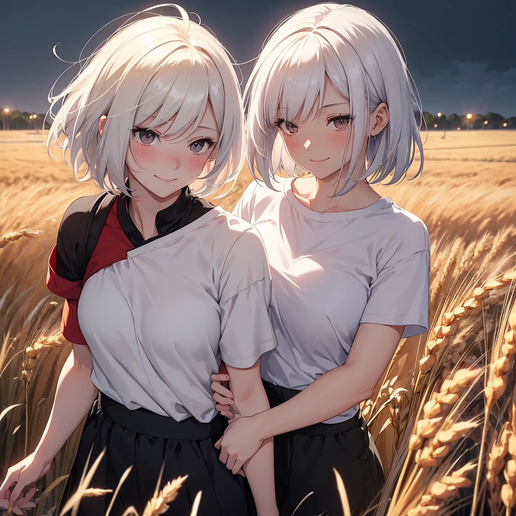 a short-haired white-haired girl messed by the wind, red-eyed, wearing a white t-shirt, smiling shyly, blushing face, gazing at a brown-haired man with black eyes, expressing a sincere smiling face, embracing each other tightly in a wheat field, gloomy evening atmosphere, realistic anime-style image with rgb lighting