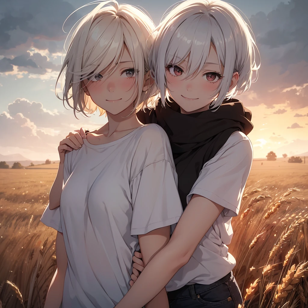 a short-haired white-haired girl messed by the wind, red-eyed, wearing a white t-shirt, smiling shyly, blushing face, gazing at a brown-haired man with black eyes, expressing a sincere smiling face, embracing each other tightly in a wheat field, gloomy evening atmosphere, realistic anime-style image with rgb lighting