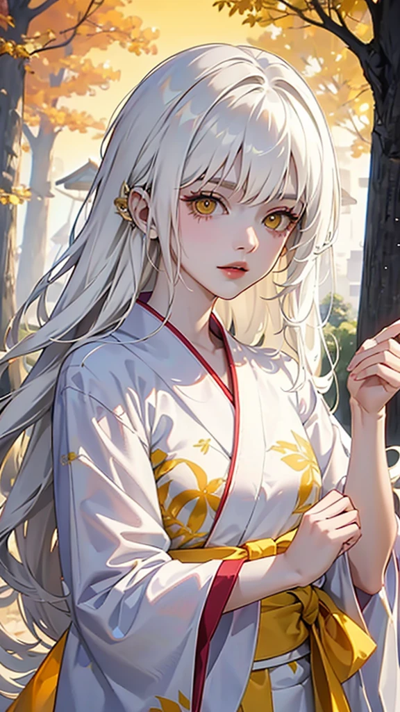 oc chainsaw man, women, long white hair, yellow eyes, dynamic pose, dressed in yukata, trees background