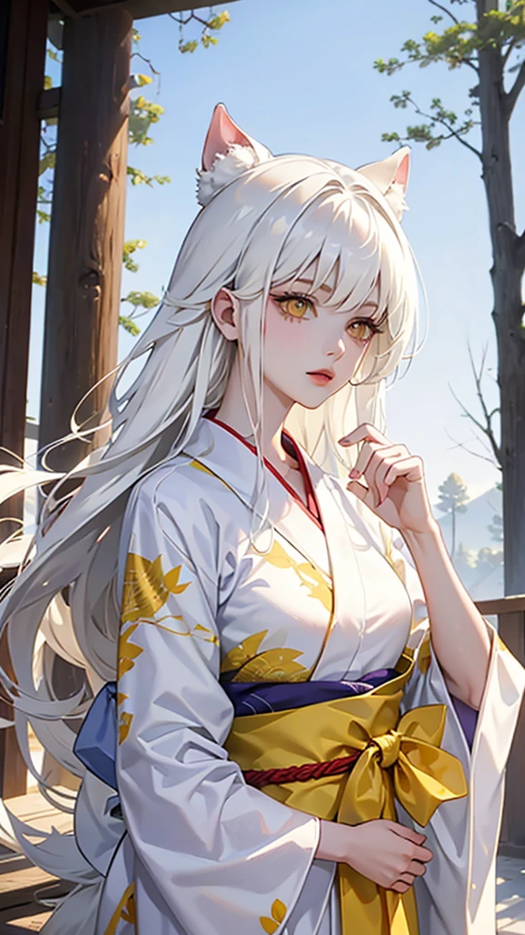 oc chainsaw man, women, long white hair, yellow eyes, dynamic pose, dressed in yukata, trees background