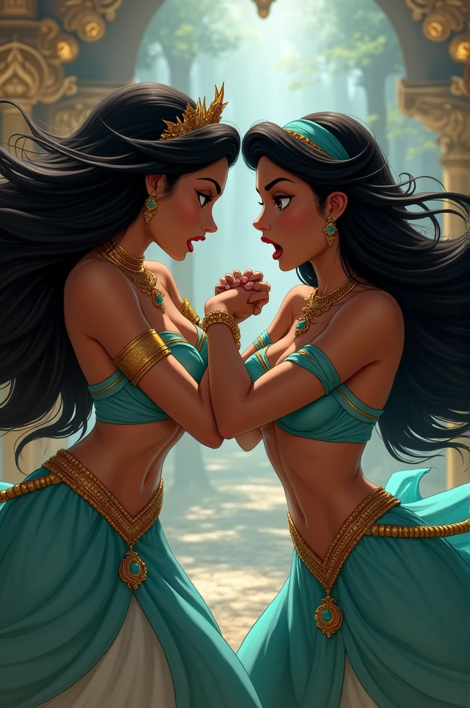 princess Jasmin defeating another Disney princess in a catfight