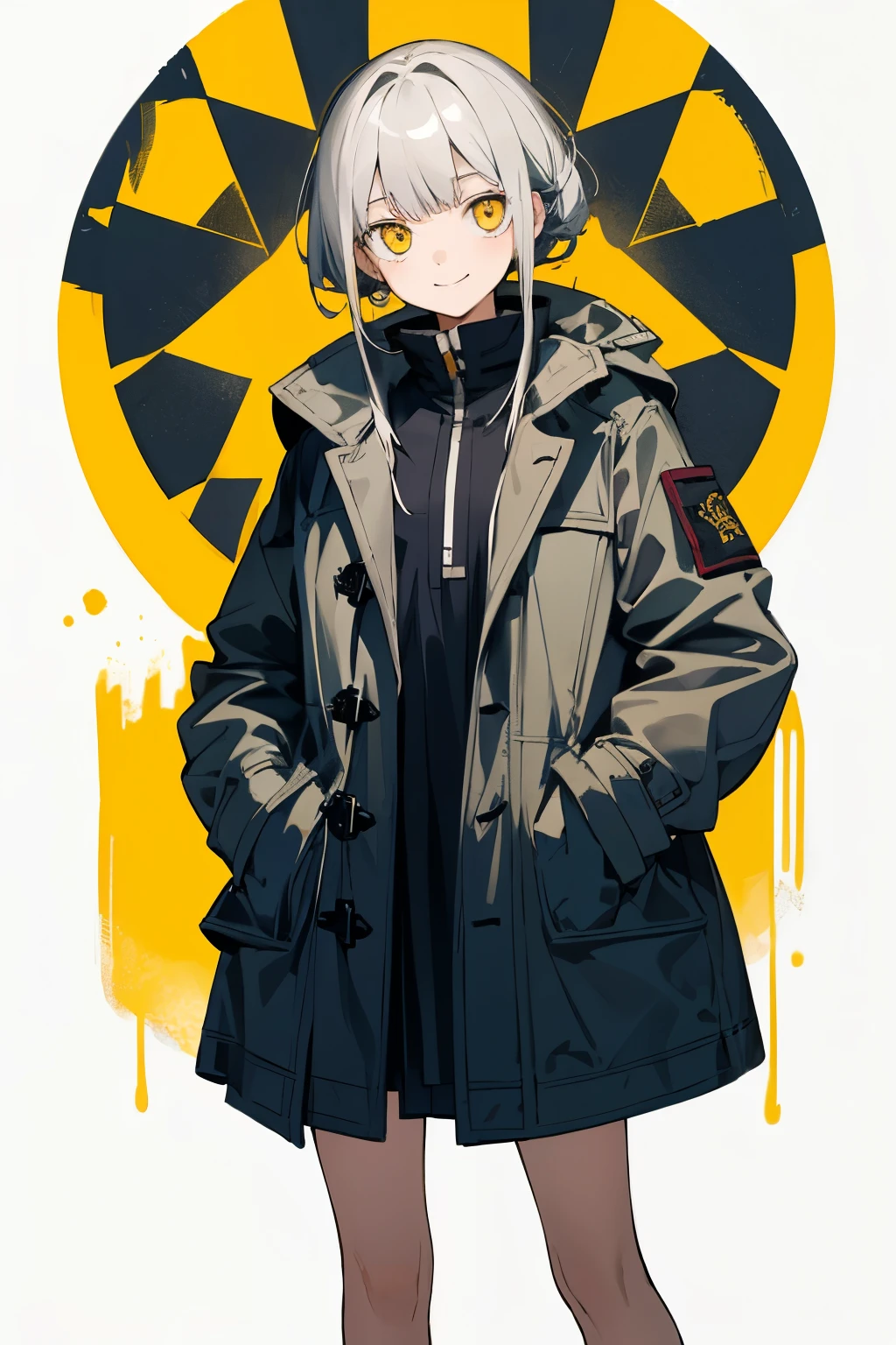 (masterpiece,Highest quality) Medium Shot Shot,Detailed,One girl,Coat Large,Dead Eyes,cold,seriously,Five fingers,Put your hands in your pockets,Yellow Eyes, Gray Hair, smile