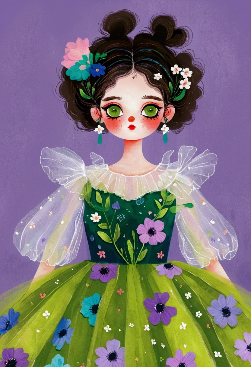 Fashion Design Illustration,The painting shows a portrait of a girl in a dress,Big purple eyes,Green fluffy skirt,Green Tulle Skirt-Fluffy-Multi-layer,Dress inspired by flowers - flower shape。