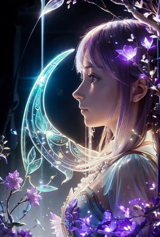 Branch of delicate lilac flowers, Ultra-transparent, holy Light, beautiful spectral Light, Petals Shine, Blink, Dark Background, drops of transparent Light, reflective Light, bright, Light streaming in, Optics, Portrait Profile, Sharp focus, Magic, Complex, Ultra-realistic, Fantasy, composition, Light, Art Station Trends, Pearl, Silvery steam guardian cloud, Caustic Enveloped Ray, 8k, ureal ar 23v4 upLight