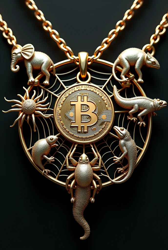 Elephant - Search for "elephant inflation symbol" to find images of elephants, which are often used in metaphors related to economics.
Spider - Look for "spider web" to see images that represent interconnected systems and supply chains.
Chameleon - Search for "chameleon" to find images of this animal, symbolizing adaptability and change.
Hawk - Search for "hawk" to find images of this bird of prey, representing vigilance and oversight. Create a gold chain jewelry with these and put everything in a round circle that is covered with the webs and give it a mechanical look and add bitcoin at the center 
