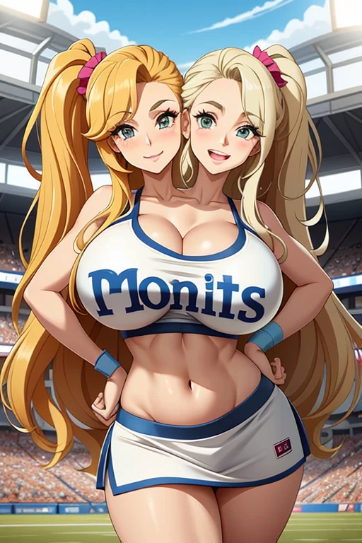2heads, a tall woman with 2 heads. She is at a sports stadium. She is topless, expose breasts, wearing a skimpy cheerleader outfit. Topless. Cleavage. She has long curly blonde hair in ponytails. She is cheerleading, holding pom-poms. Doing cheer performance. Arms in air. She is very tall and mature. She is happy and smiling. Motherly, milf. Enormous fat breasts, gigantic breasts. 