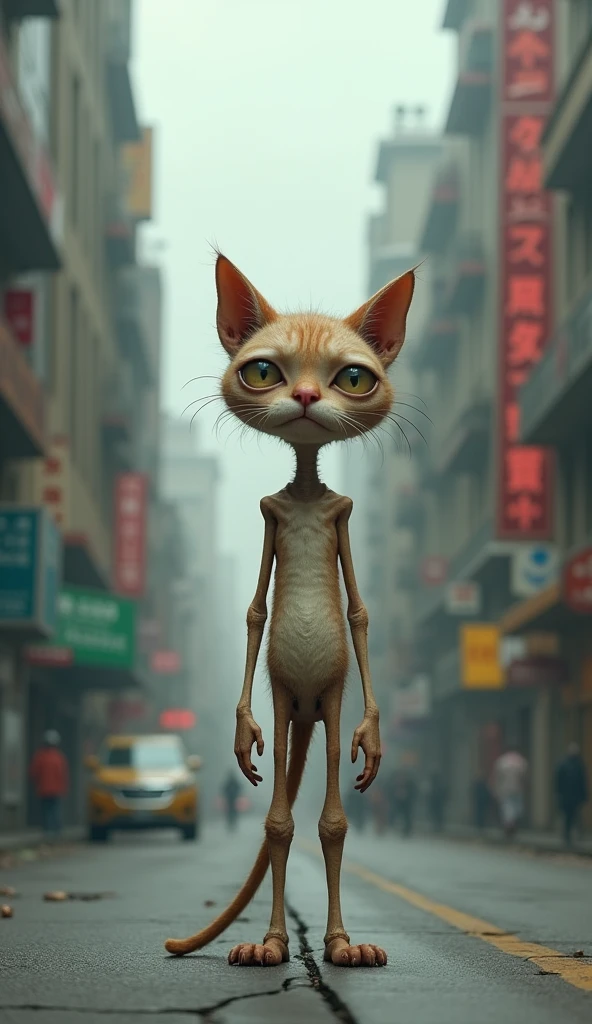 Imagine a weak cat,Humanoid cat,Listless facial expression,Thin body,Standing on the city street