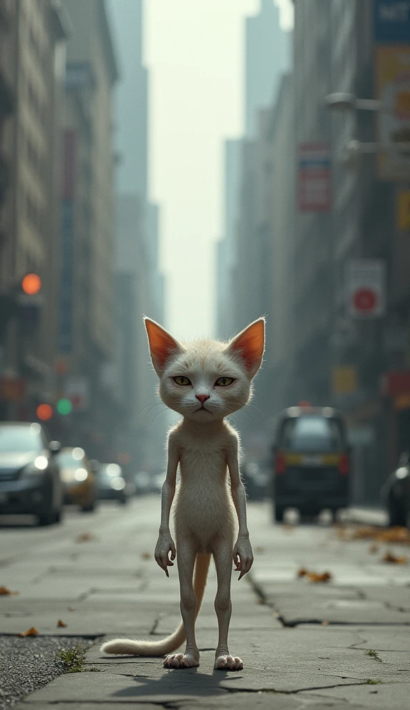 Imagine a weak cat,Humanoid cat,Listless facial expression,Thin body,Standing on the city street