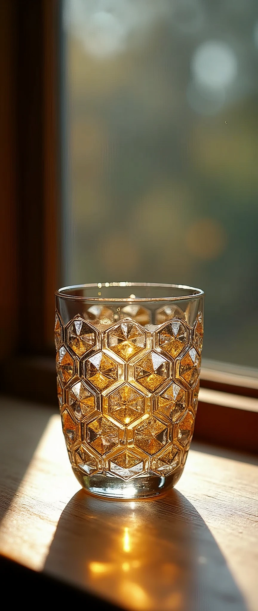 (masterpiece:1.2, Highest quality,Highest quality,Very detailedな:1.2),(Very detailed),8k,(Realistic),(RAW Photos:1.2),Elaborate photos,8k,wallpaper,(Written boundary depth),(Sophisticated lighting:1.2),Beautiful glass cups are displayed in the Japanese-style room..,(A glass cup with a beautiful geometric pattern that resembles a kaleidoscope),(Japanese traditional craft style)