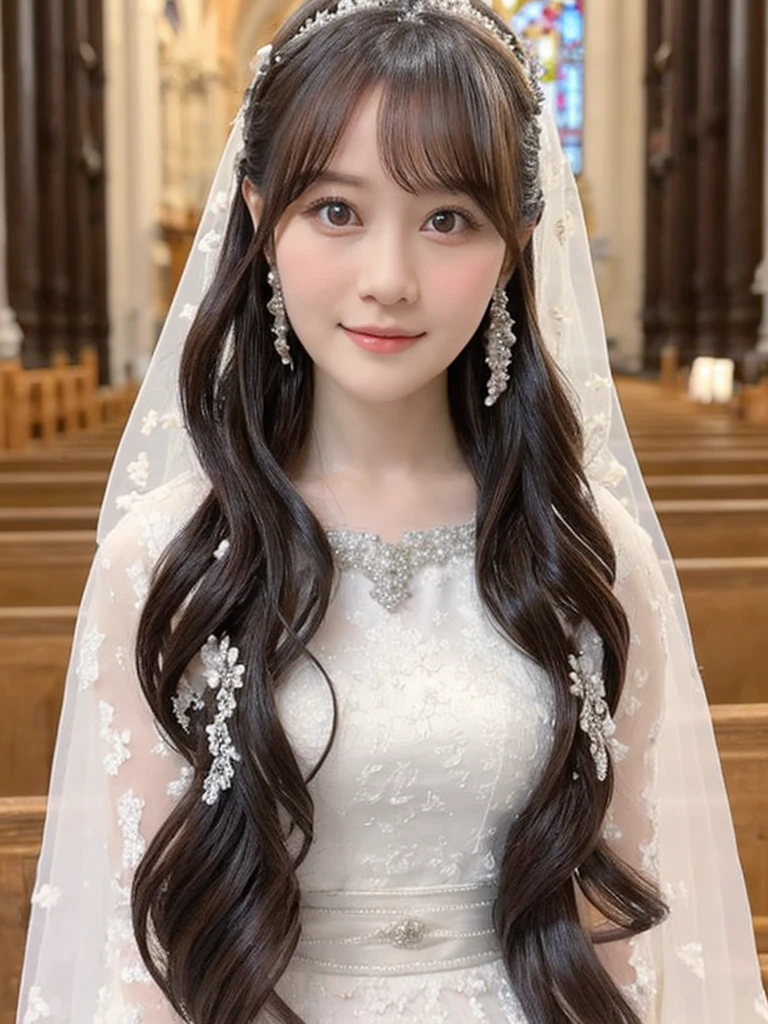 One Girl, (beautiful girl, Delicate girl:1.3), (14 years old:1.3),
break, (Bride Costume:1.3),
break, (Standing in the Church:1.2),
break, Very beautiful eyes, (Symmetrical eyes:1.3),
break, Small breasts, Brown eyes, Parted bangs, Brown Hair, (Upper teeth, The best smile:0.2),
break, (Eye and facial details:1.0),
break, (masterpiece, Highest quality, Very detailed, Detailed face, 8k)