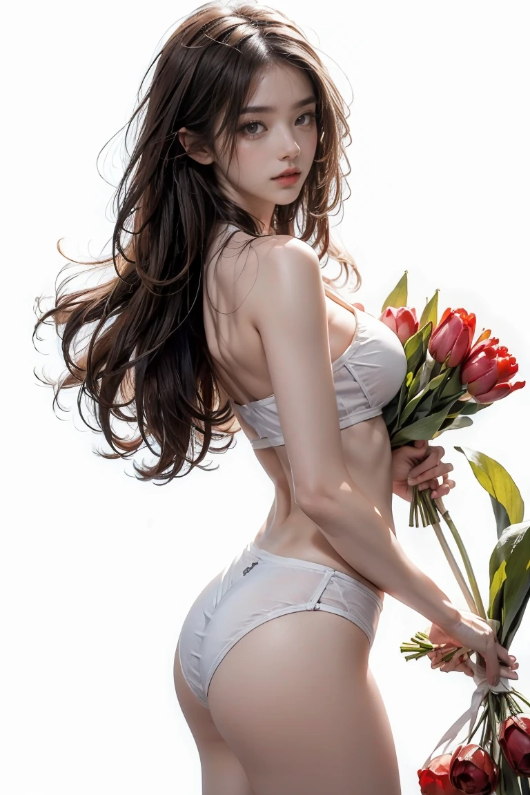 (Simple Background, White Background:2.0), ((masterpiece, Highest quality, High resolution, Highly detailed CG integrated 8K wallpaper)), (Huge and stunning goddess shot, Very hot and sexy, Amazing beauty, Perfect Proportions, Beautiful body, Slim body beauty:1.3), (Bouquet of red tulips, holding Bouquet of red tulips:1.3), 