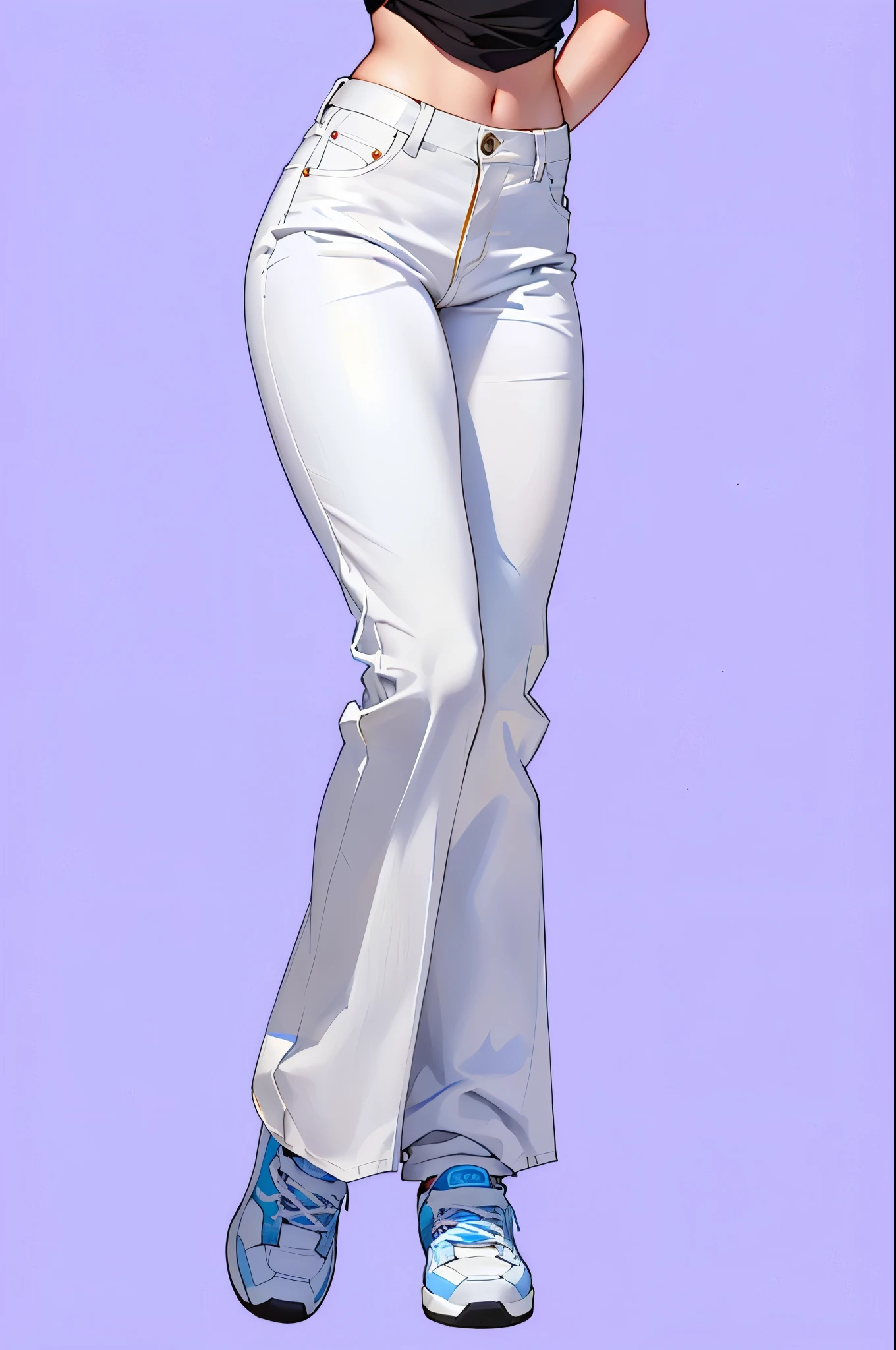 a close up of a person in a black shirt and White pants, White pants, 3 d white shiny thick, pearl white, large pants, blue jeans. Unreal 5, CEL затененный PBR, realistic clothes, highly detailed clothes, realistic perfect body with shading, Women's outfit, ambient occlusion:3, realistically rendered clothing, white mother-of-pearl