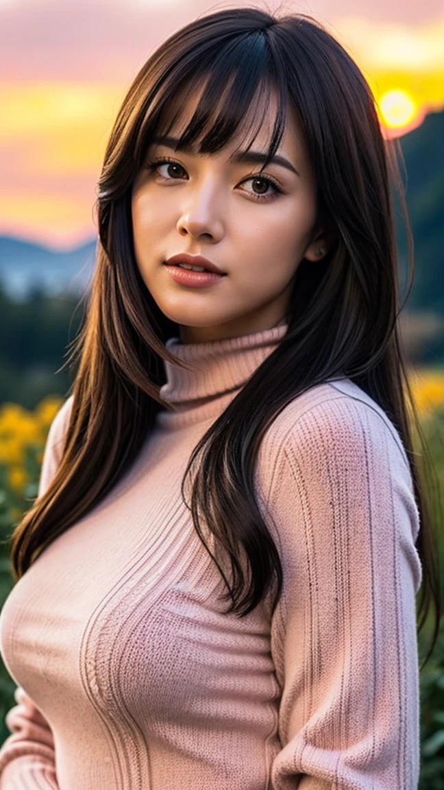 ((masterpiece)), ((Best Quality)), (high quality), ultra high resolution, (High detail), ((intricate detaild)), A woman, solo girl, better lighting, side lighting, natural lighting, High dynamic range, beautiful and aesthetic, (perfect body), ((narrow waist, Wide hips)), sexy smile, looking at the viewer, detailed face, shiny skin, oiled skin, adult girl, A woman, maduro, huge chest, (big chest), good ass, attractive body, the best anatomy, ((rubio, rubio long straight hair with bangs)), (blue eyes), (((Turtleneck Mini Sweater Dress, black long sleeve sweater dress))), standing, seductive, little smile, sexy smile, realist lighting, exterior, afternoon, ((Meadow full of flowers)), ((Beautiful landscape, views of the sky and mountains, red sky in the afternoon, realist background)), face detail, the best background, ((background detail)), ((background realist)), 8k, 16k, the best resolution, Ultra-high detail, the best image, the best image, face detail, detail hands, (detail of arms), ((Detailed anatomy)), the best anatomy, perfect anatomy, (finger detail), finger details, nail detail, body detail, detail footrnas, the face of better proportion, the best arms, (((from the front))), the hands with the best proportion, The best fingers, the best nails, detail foot, perfect nails, nail detail, the best belly button, The best model, ((increase quality)), detail all proportion, intricate detail, best proportion pose, the best arms de proporción, The best fingers de proporción, the best nail proportions, fingers realist, nail realist, arms realist, legs realist, Detailed anatomy, look at the viewer, (realist:1.3), photorealist, Photography, intricate ultra detailed, perfect all proportion, pose sexy, absurd resolution, HdR, arrange , cinematographic film, exclusive, RECRUITMENTS-Set, elegant, vivid color, the best image, realist visual
