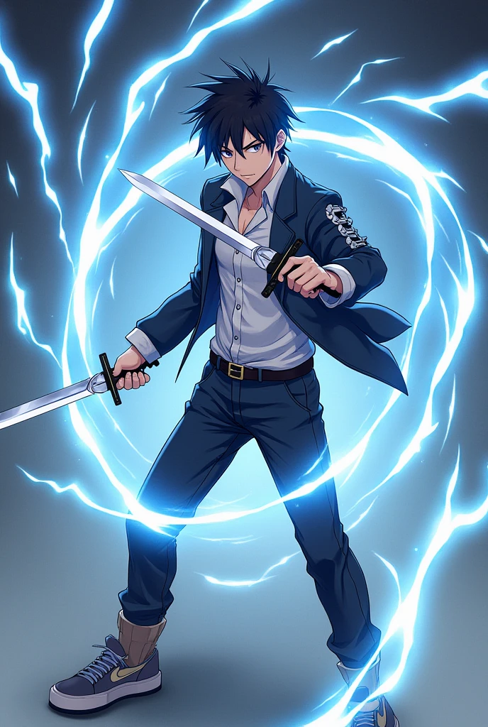 A 19 year old boy with electric energy around him holding daggers wearing jacket,pajamas and shoes in anime style