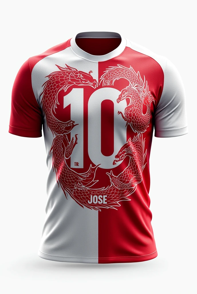 A football shirt with the number 10 on the back with the colors white and red with dragons around the number 10 with the white background without a player with the name JOSE below the number