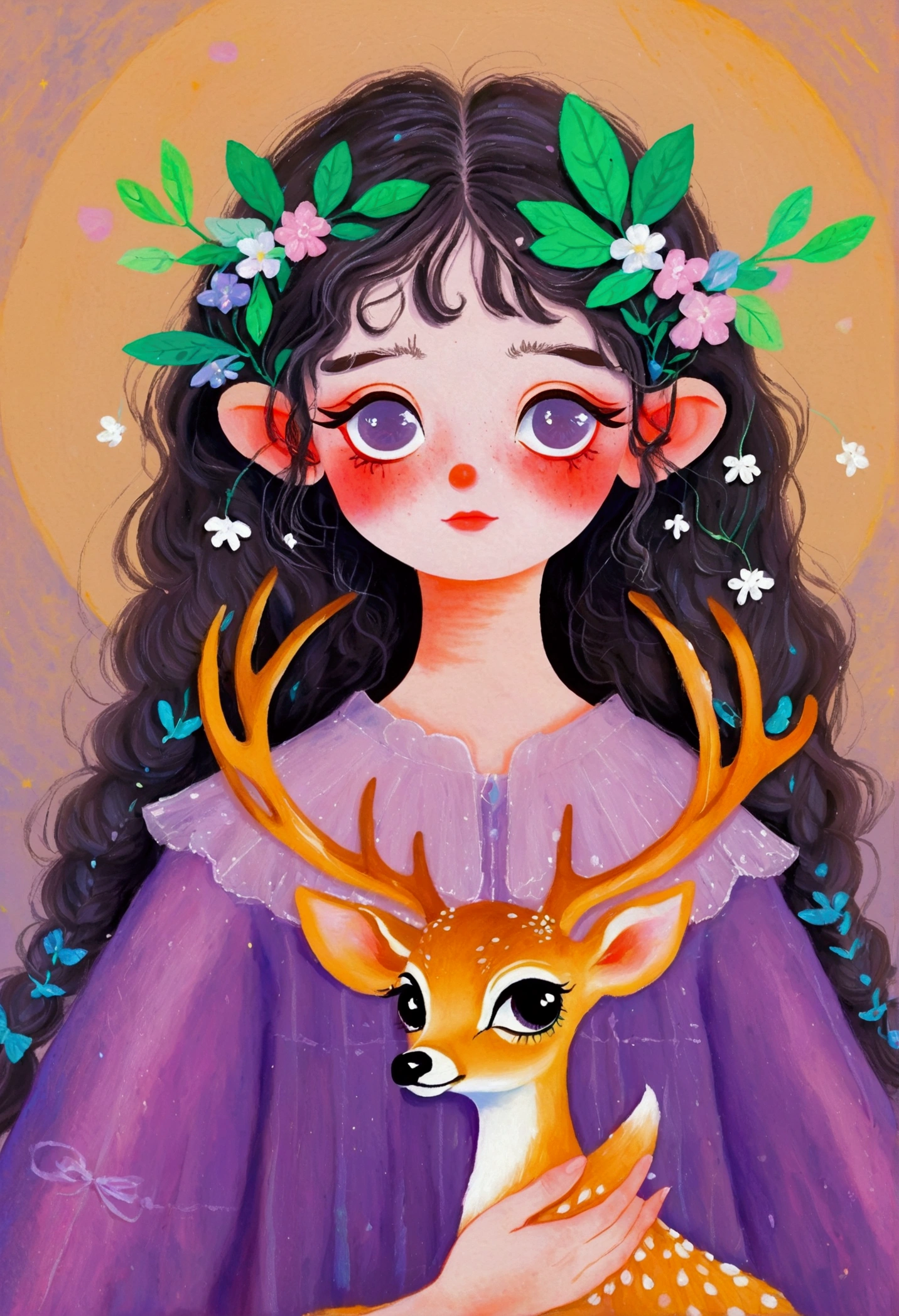 A painting，Pastel Art：Portrait of girl with deer antlers and purple clothes, big eyes， Elf。Rich details，Fine hair