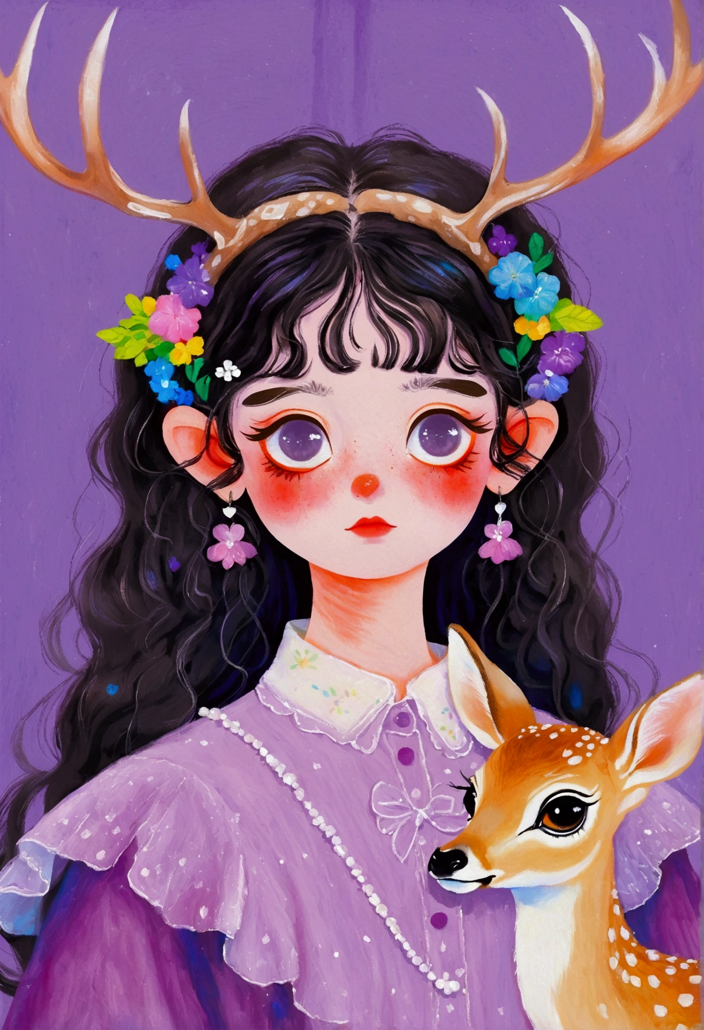 A painting，Pastel Art：Portrait of girl with deer antlers and purple clothes, big eyes， Elf。Rich details，Fine hair