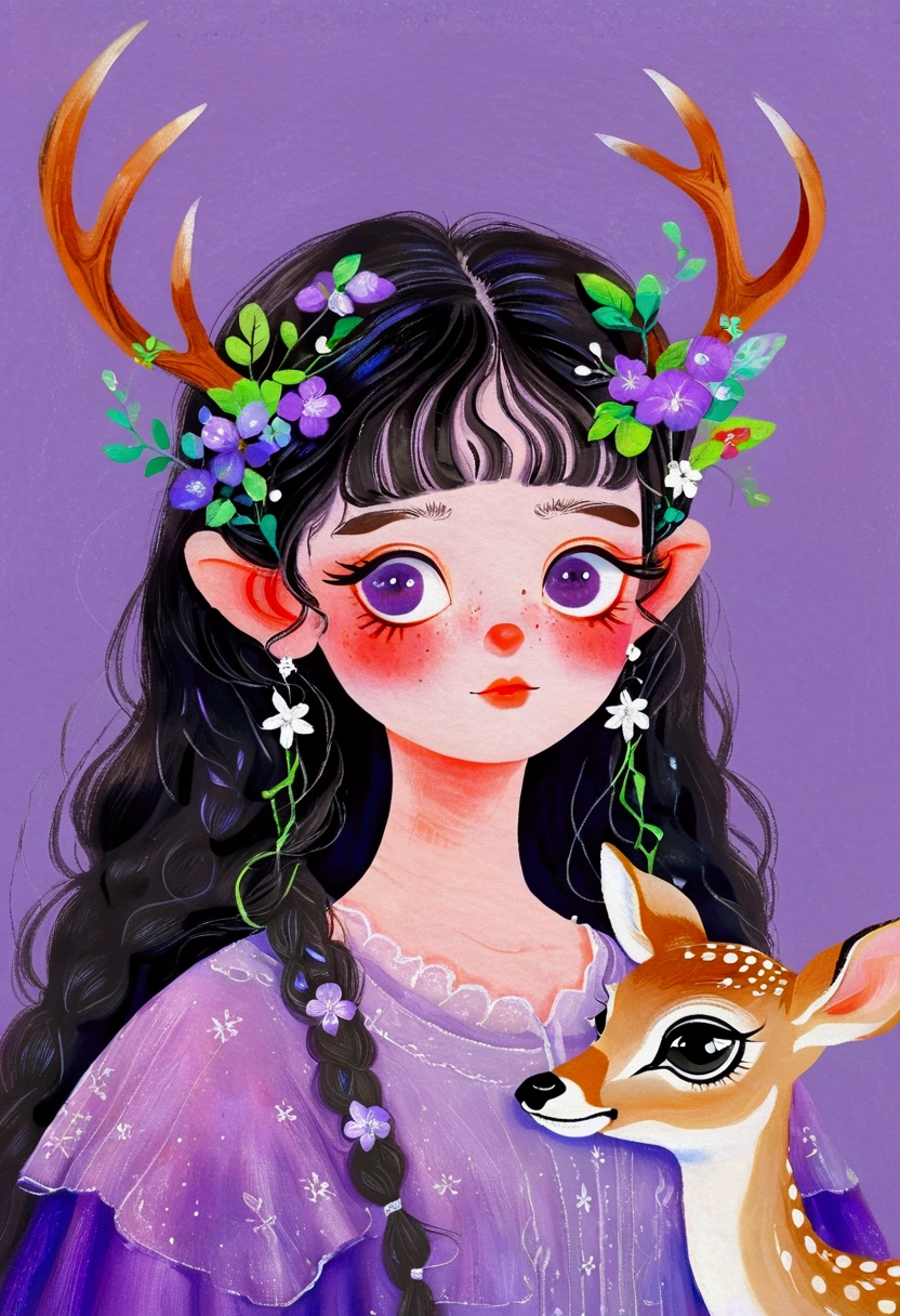 A painting，Pastel Art：Portrait of girl with deer antlers and purple clothes, big eyes， Elf。Rich details，Fine hair