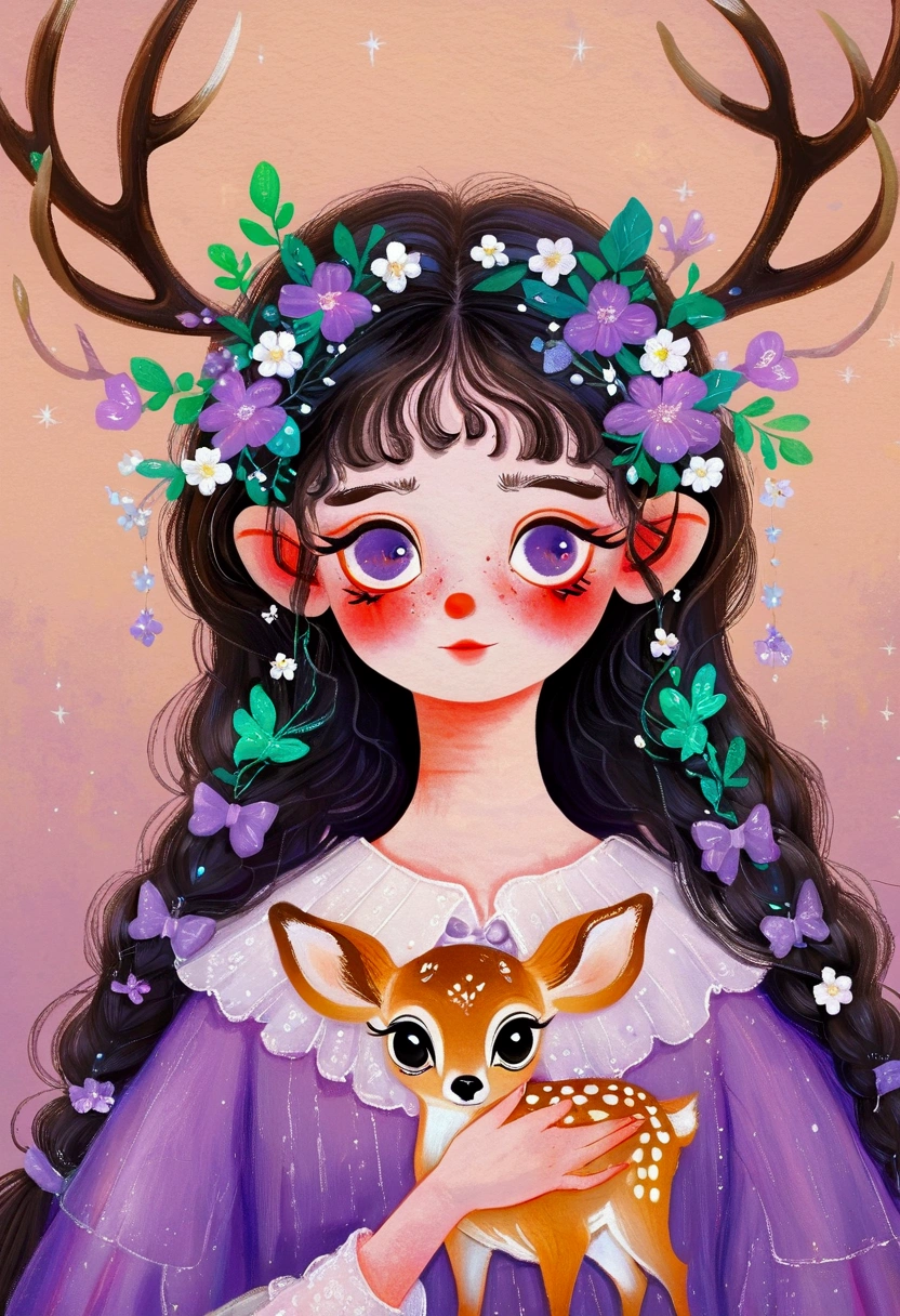 A painting，Pastel Art：Portrait of girl with deer antlers and purple clothes, big eyes， Elf。Rich details，Fine hair