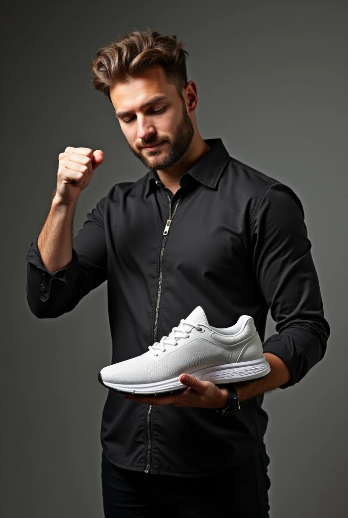 A masculine man advertising a sports shoe, he is impressed