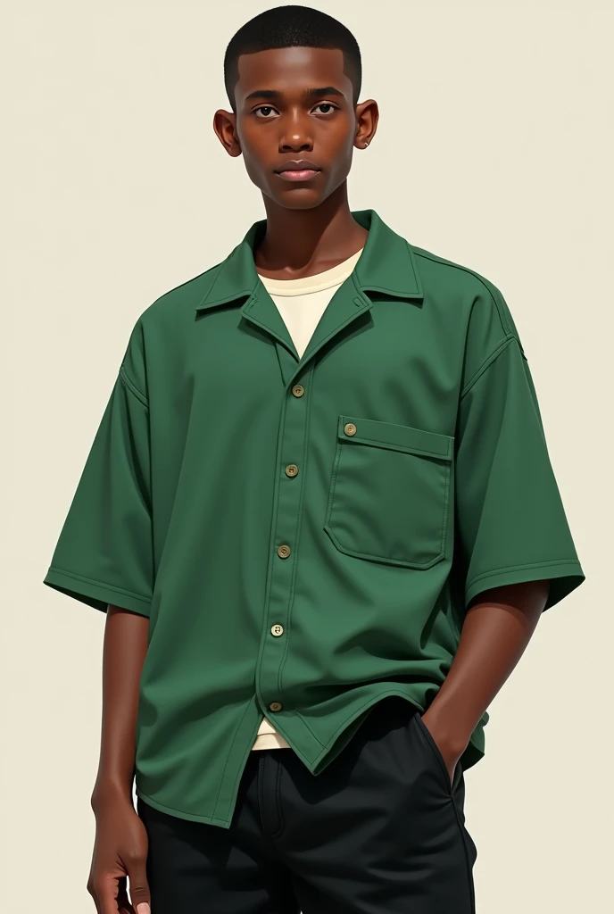a teenage moreno boy with buzz cut wearing oversized mid crop green shirt and black dikies pants