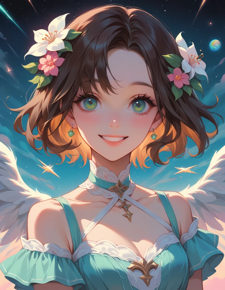 top quality, pastel painting, gentle atmosphere, twin girl angel, cute, white wings, smiling happily, brown short hair of different colors, one with blue eyes, one with green eyes, dresses of different colors, flower hair ornament, upper body, looking at the viewer, space, meteor, light,