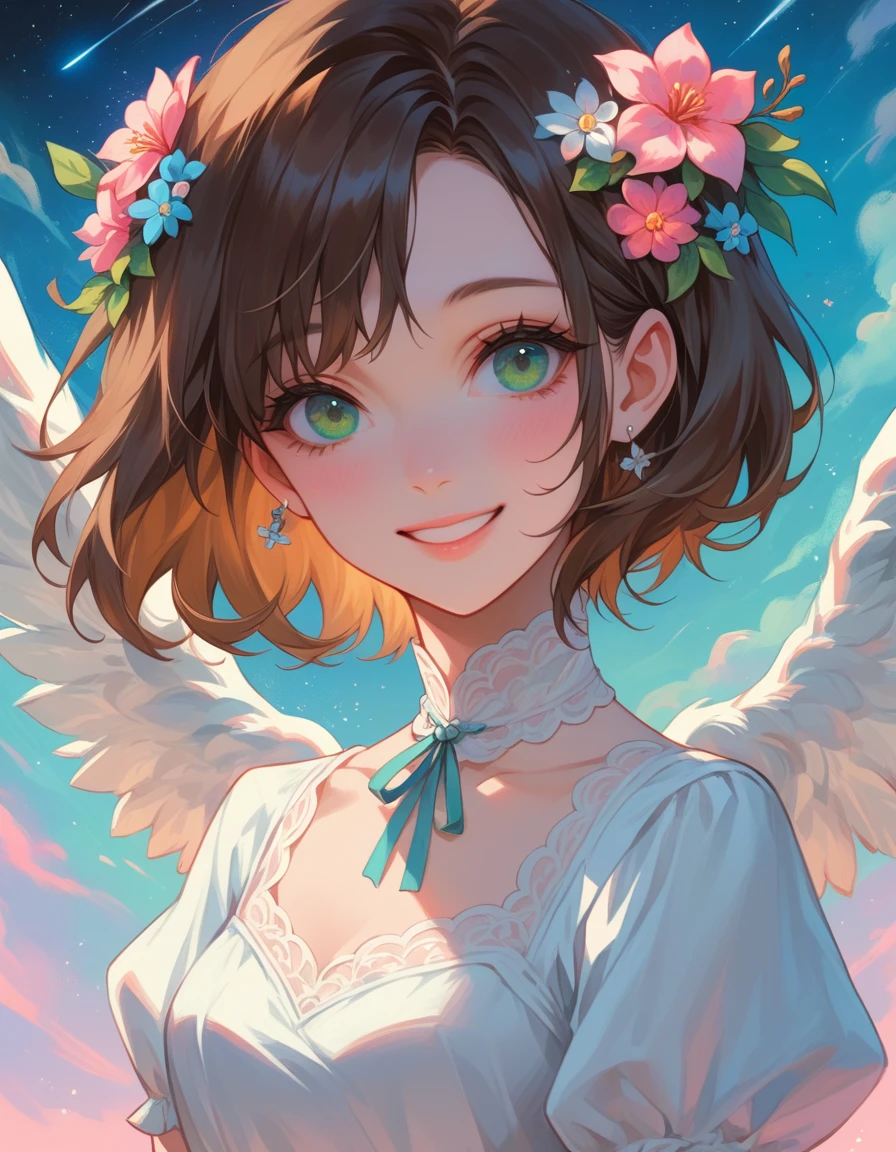 top quality, pastel painting, gentle atmosphere, twin girl angel, cute, white wings, smiling happily, brown short hair of different colors, one with blue eyes, one with green eyes, dresses of different colors, flower hair ornament, upper body, looking at the viewer, space, meteor, light,