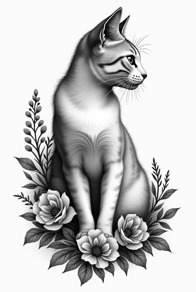 Cat positioned at 45 degrees, its hair is well marked, realistic, with a background of flowers around it, black and white, tattoo drawing, hyperrealistic
