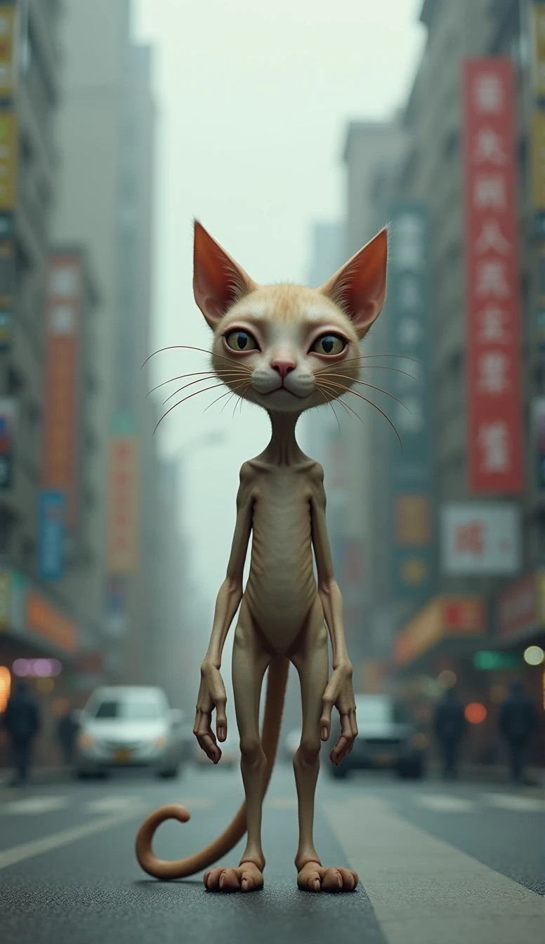 Imagine a weak cat，Humanoid cat，Listless facial expression，Thin body，Standing on the city street