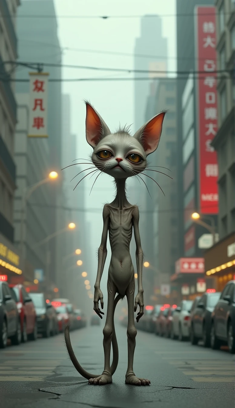 Imagine a weak cat,Humanoid cat,Listless facial expression,Thin body,Standing on the city street