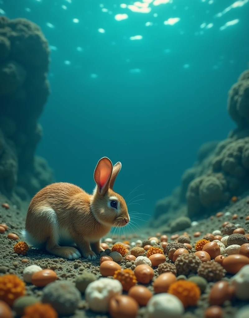 A more pA variety of nuts scattered on a deep ocean floor with a rabbit exploring.hotorealistic image of a variety of nuts scattered on a deep ocean floor with a rabbit exploring.