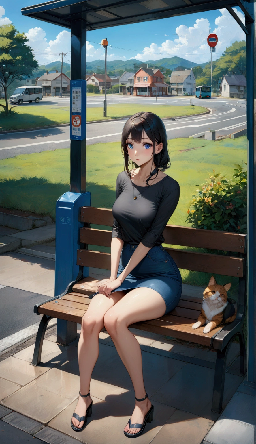 realistic anime illustration of woman is sitting on bench for waiting bus on bus stop, she wearing dark gray 3/4 sleeve deep round neck t-shirt, blue denim pencil  skirt, (1girl, solo,full body), (masterpiece, best quality, japanese anime style), (expressive eyes, perfect face)